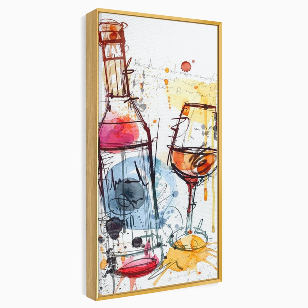 Tablou canvas cu tablou canvas cu sticla si pahar de vin, in rama de aluminiu auriu